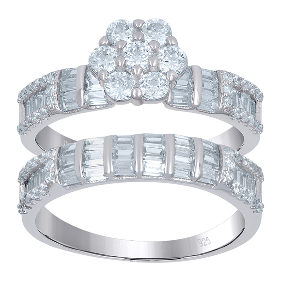 925 Sterling Silver Womens Baguette Cubic-Zirconia Flower Duo Ring Set Size 8